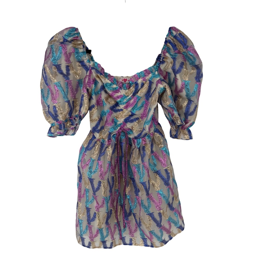 Buddy Love Colby Mini Dress Womens XS Multi Color Metallic Puff‎ Sleeve CG5033